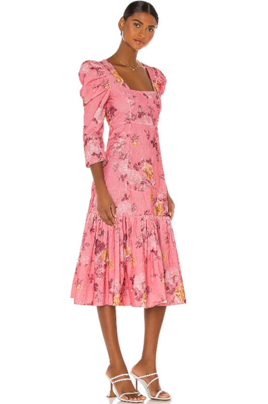 LoveShackFancy Ellington Midi Dress Floral Corduroy Square Neck Puff Sleeve